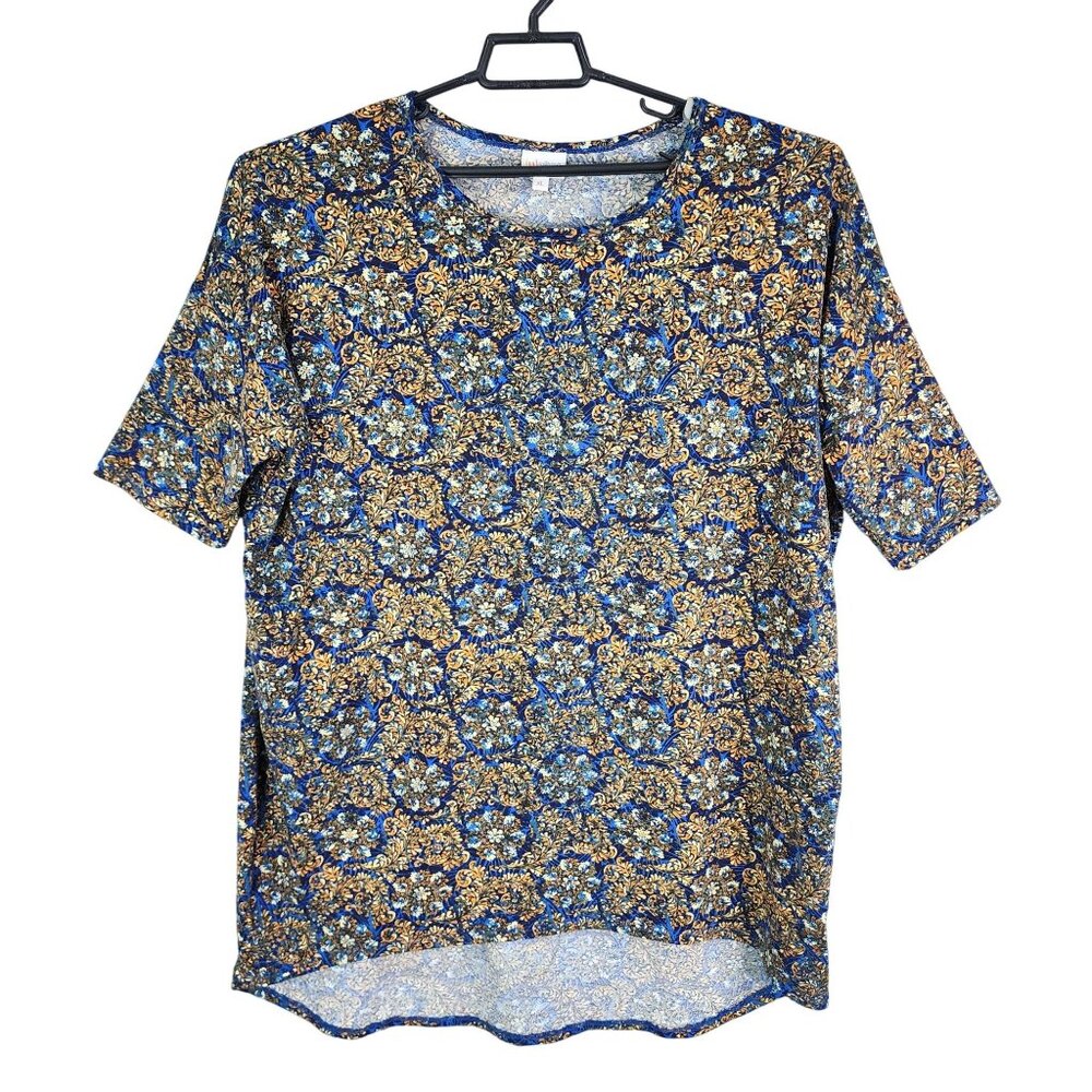 Womens Lularoe Blue Yellow Print Irma Tunic Shirt Short Sleeve Round Neck XL